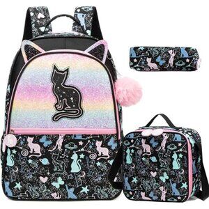 Kids Cute‎ Cat School Backpacks BlackBags with Lunch Box for Girls Ages 8-10